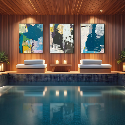 Indoor pool area with abstract art on the wall and seating.