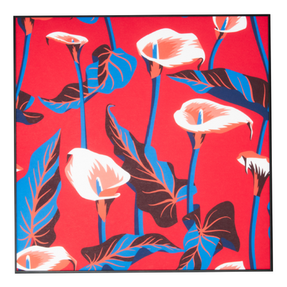 Floral pattern with white flowers and blue leaves on a red background