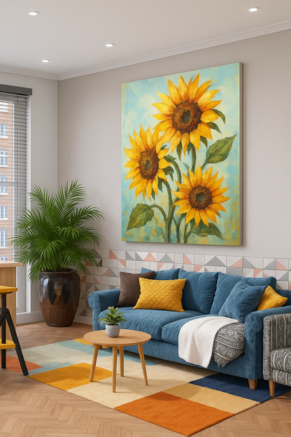Living room with a blue sofa, colorful rug, and sunflower painting on the wall.