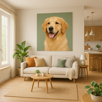 Living room with a large dog portrait on the wall above a beige sofa.