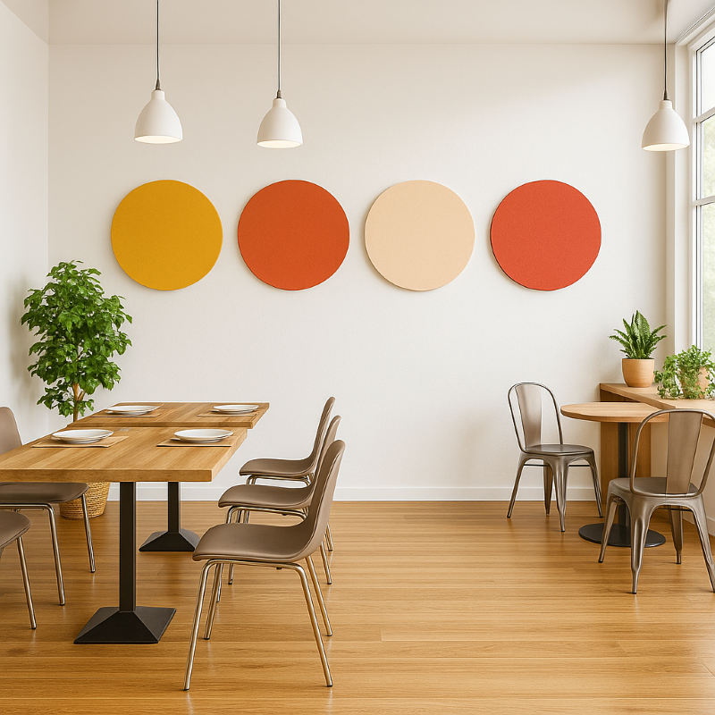A wall adorned with three circular acoustic fabric panels in yellow, orange, and red, above a dining area with wooden tables and metal chairs.