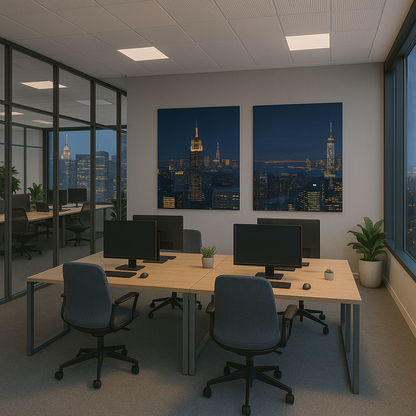 Modern office setup with desks, chairs, and cityscape wall art.