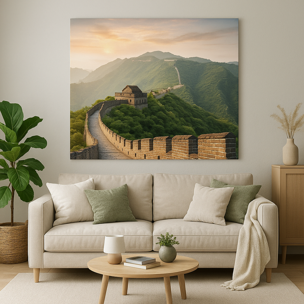 Living room with a beige sofa, coffee table, and wall art of the Great Wall of China.